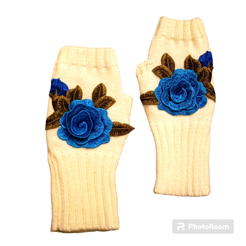 Women's vintage blue rose knit short thick fingerless coldproof writing gloves.